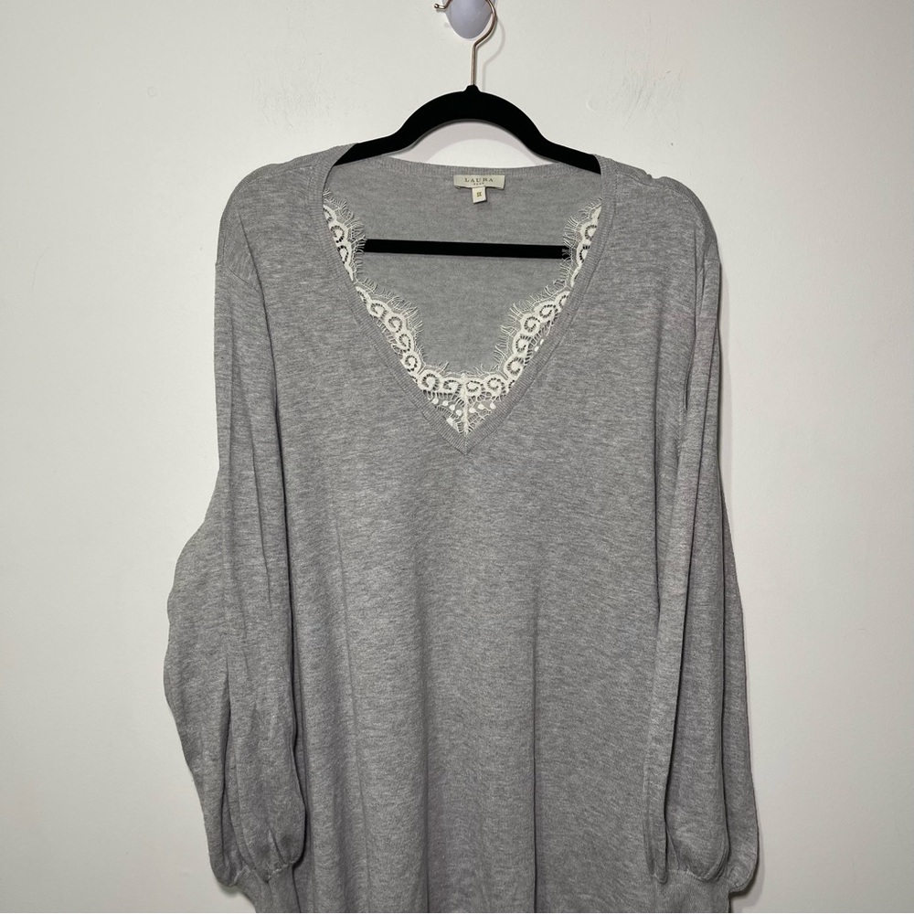 Laura Womens Grey Lace Trim V-Neck long balloon sleeve preppy knit sweater in 3X - Picture 2 of 8